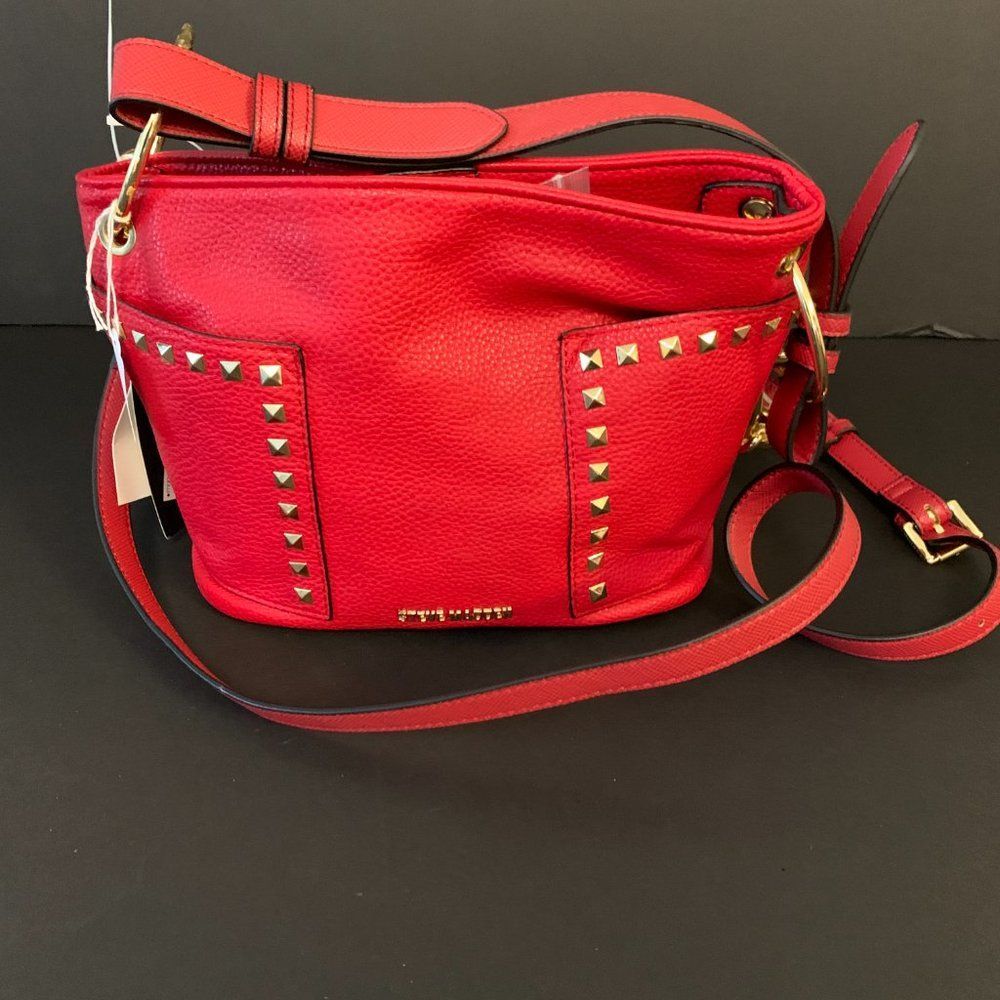 Steve Madden B Tammie Red Bucket Purse with half disc tassel hoop earrings - Picture 6 of 12